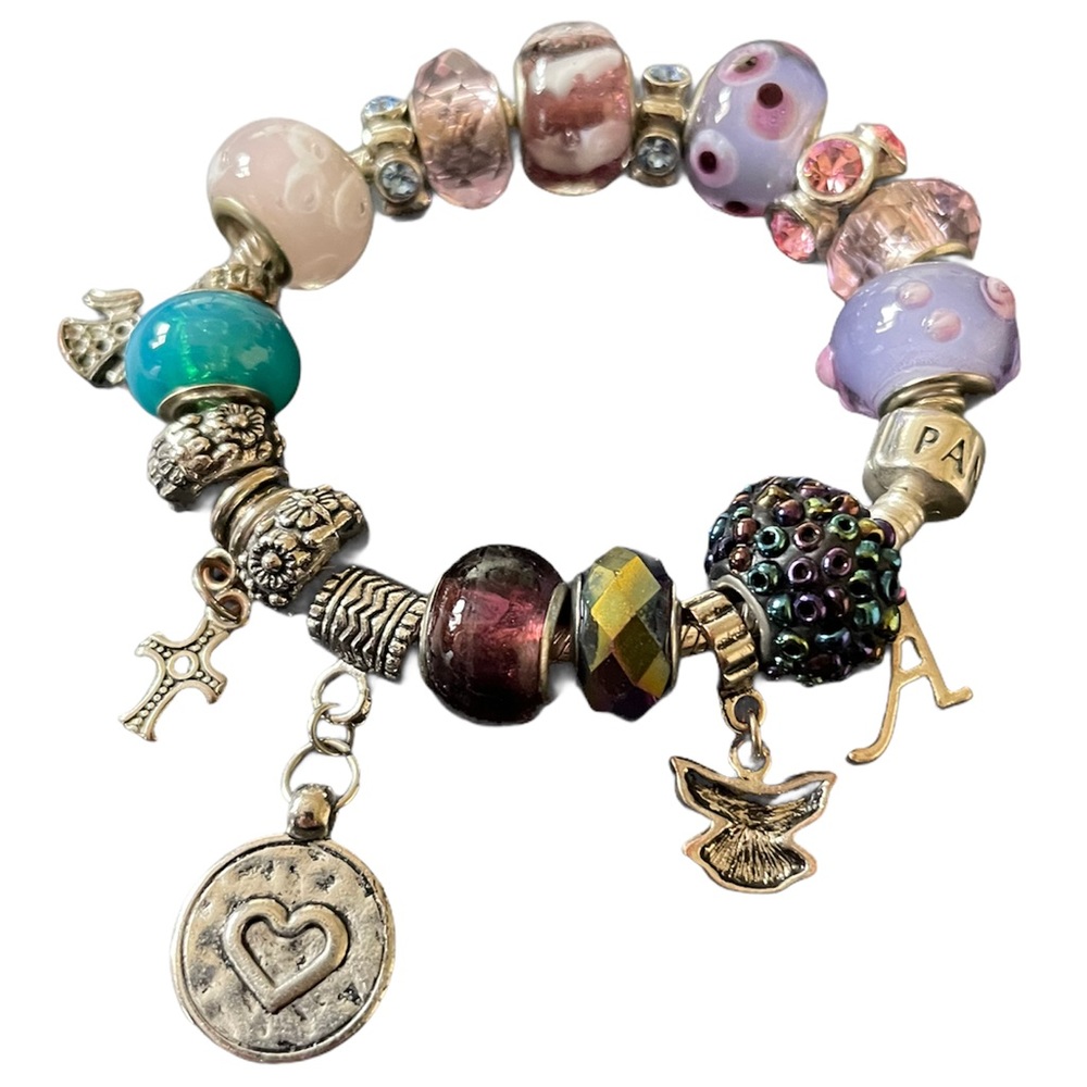 NWOT Pandora 6.9” snake chain with 19 Michaels craft store charms bracelet